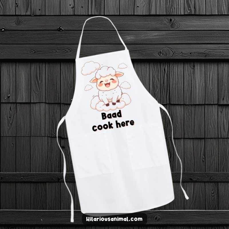 Funny bewildered sheep apron with a sheep bleating with laughter surrounded by fluffy clouds, a whimsical and amusing kitchen essential