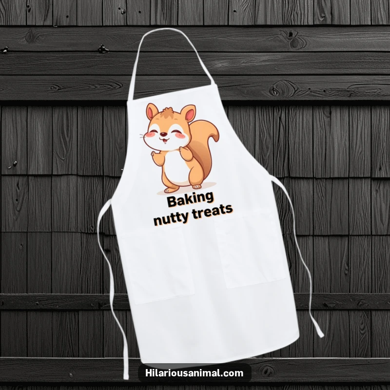 Funny apron showcasing a cheerful squirrel shaking with silent, joyful laughter, a perfect funny gift.