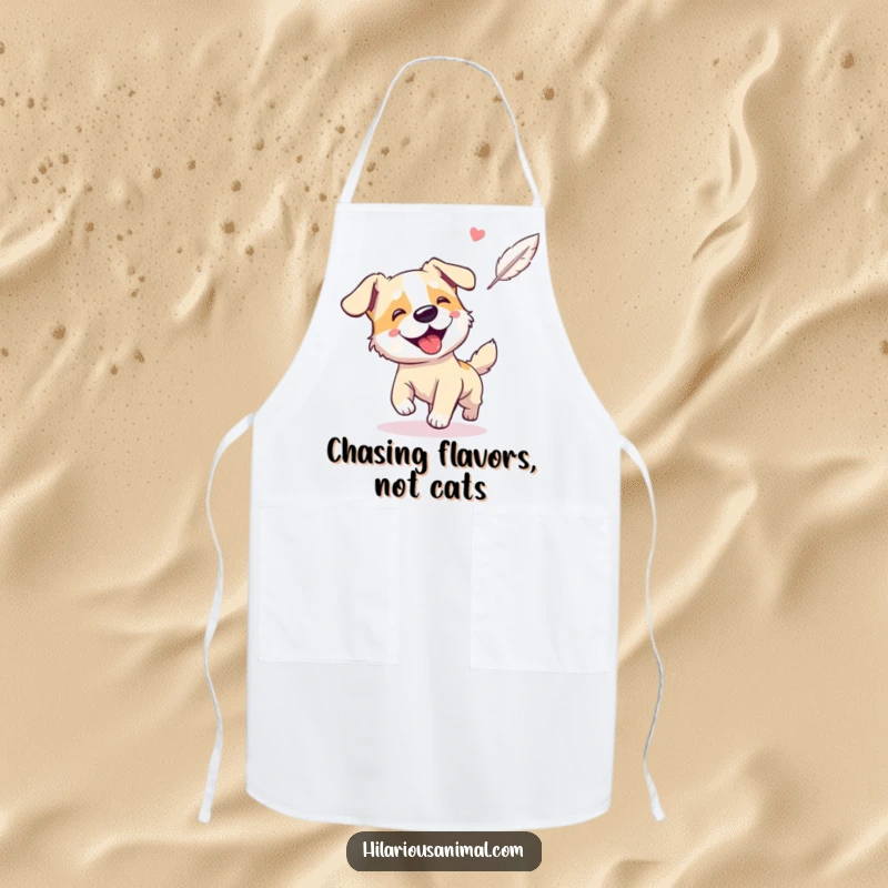 Funny apron featuring a giggling, panting dog chasing a floating feather while cooking.