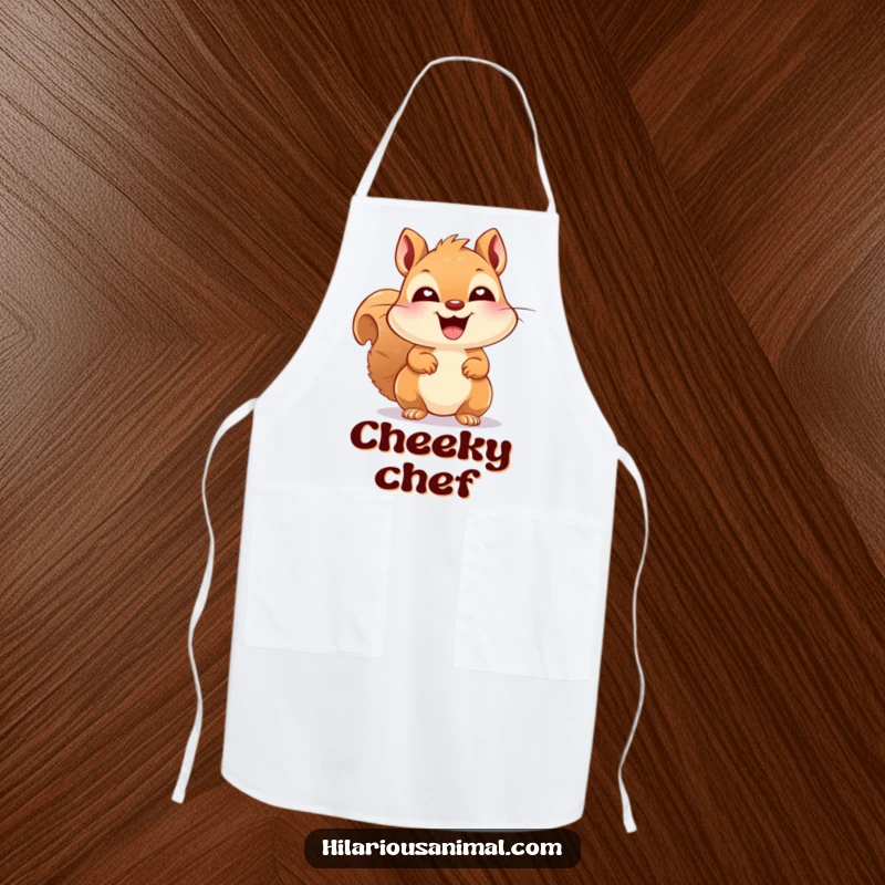 Funny happy squirrel with bright eyes, laughing uncontrollably, printed on a kitchen apron, ready for messy fun and smiles.