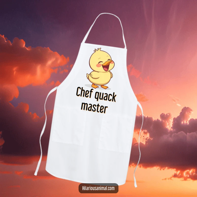 Funny duckling apron, kitchen wear with a cheerful bird laughing heartily, making cooking a humorous and enjoyable activity.