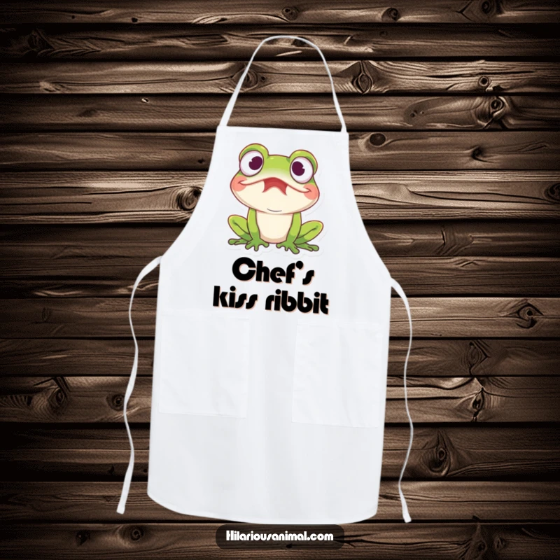 Funny amused frog apron with a frog with wide eyes caught in a fit of mirth, a humorous and practical kitchen essential