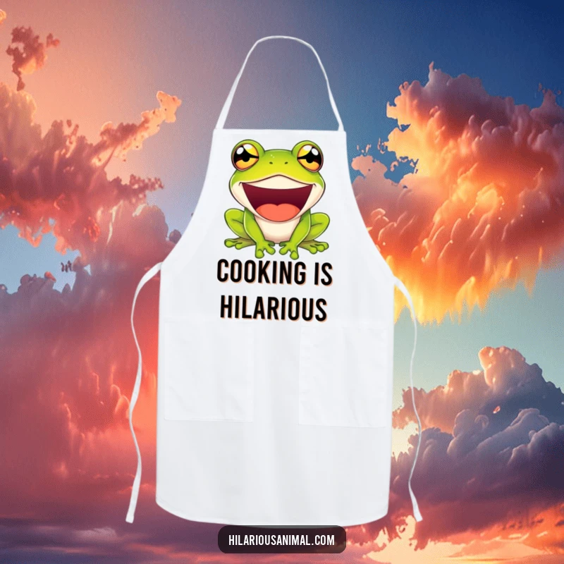 Funny apron featuring a green frog laughing with comically bulging eyes, perfect for a humorous cooking experience.
