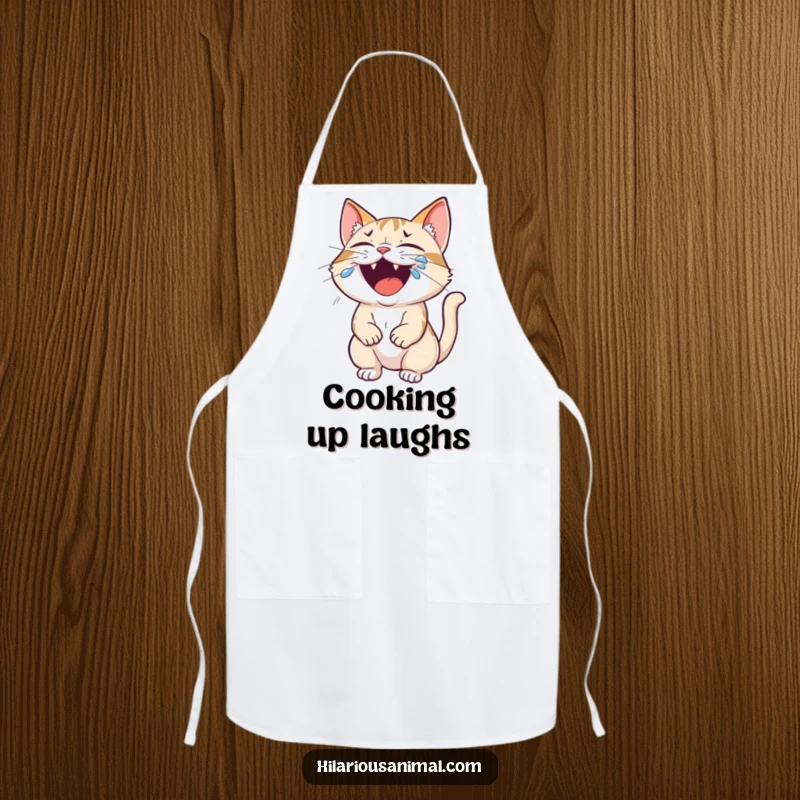 Funny cat apron featuring a small feline roaring with laughter, tears streaming from its eyes, adding humor to cooking.