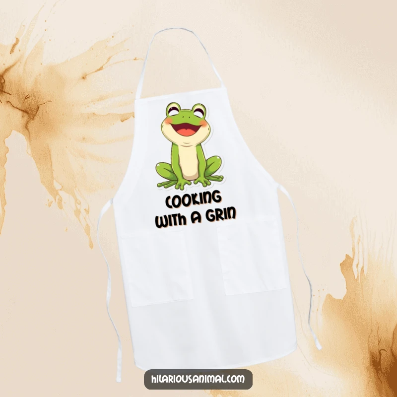 Funny green frog apron, mouth wide open in contagious laughter, for a joyful cooking experience.