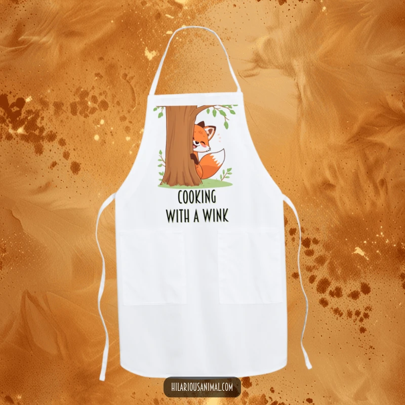 Funny apron showcasing a red fox playfully giggling while peeking from behind a tree, a perfect funny gift.