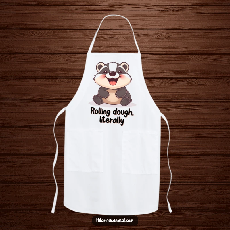 Funny Badger Apron designed with a gleeful badger rolling joyfully, ideal for home chefs who love a humorous and practical kitchen accessory.