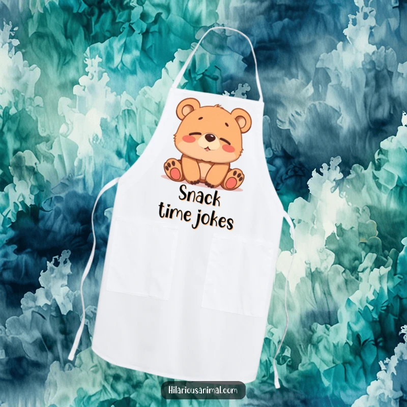 Funny brown bear cub apron, softly chuckling with sleepy eyes, for a serene cooking experience.