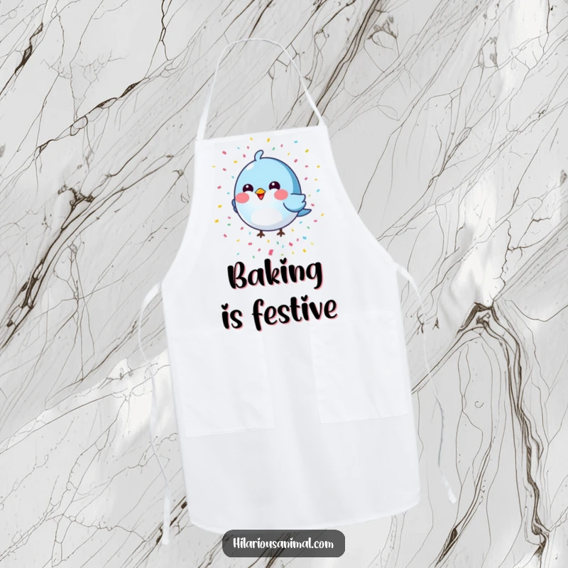Funny round blue bird apron featuring a colorful confetti shower, ideal for humorous kitchen activities and gifting.