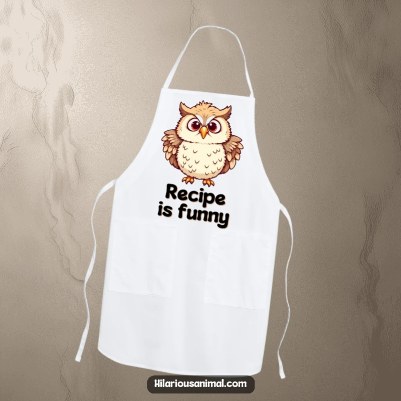 Funny owl apron featuring a chuckling chef owl with ruffled feathers and eyes wide with mirth.