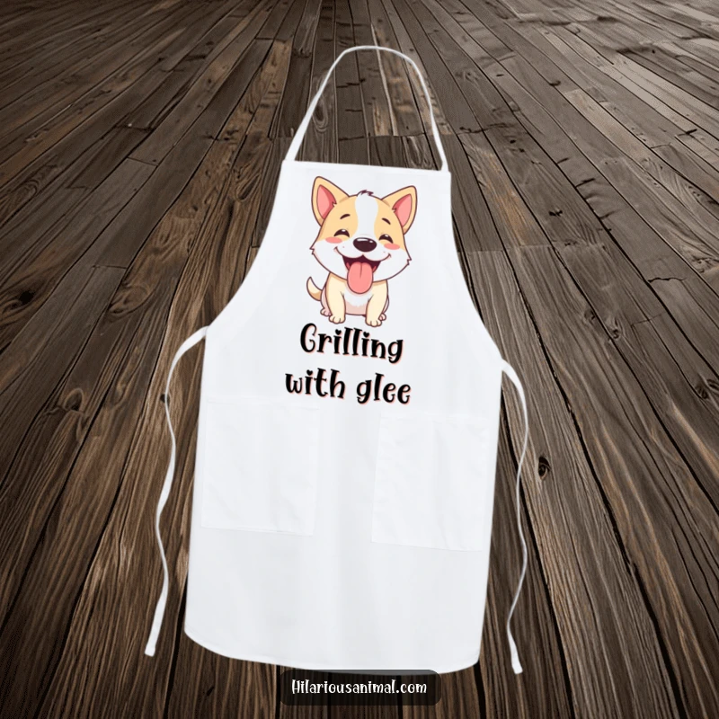 Funny dog apron showing a happy dog panting with its tongue out, mid-chuckle, bringing humor to the kitchen chores.
