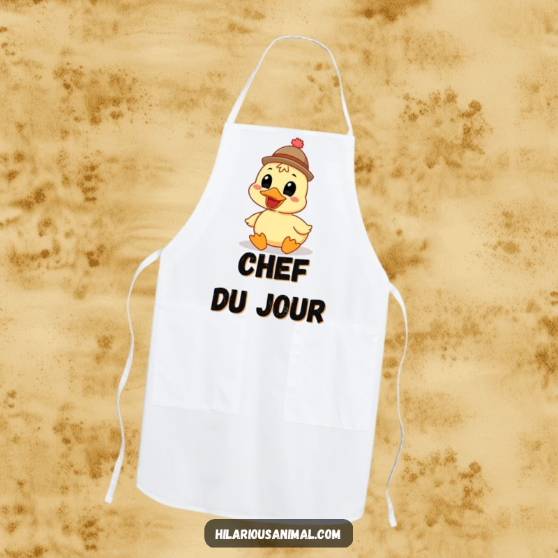 Funny grinning duck apron wearing a funny hat, designed for chefs and home cooks, features a quacking bird, great for kitchen humor.