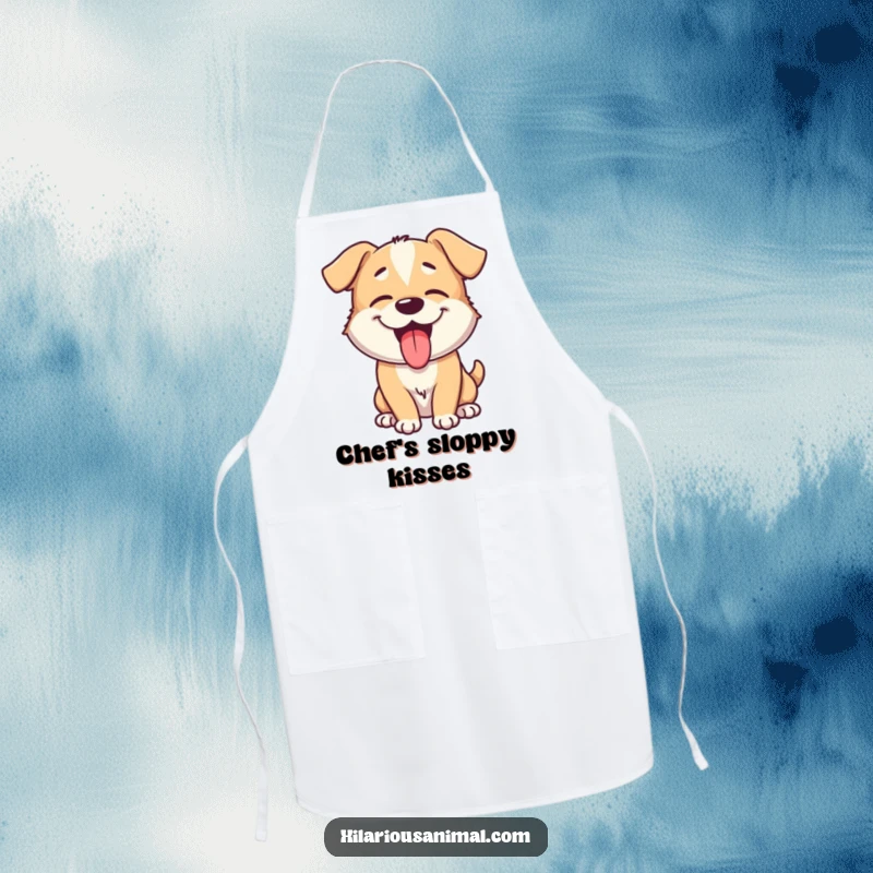 Funny dog apron featuring a giggling puppy with its tongue lolling out, panting playfully, ready to help in the kitchen with a smile.