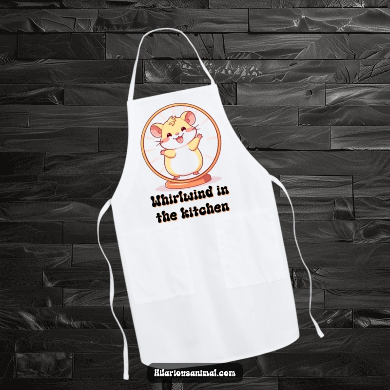 Funny Hamster Wheel Apron showing a cheerful hamster in full spin, perfect for cooks who enjoy humor and practicality in the kitchen.