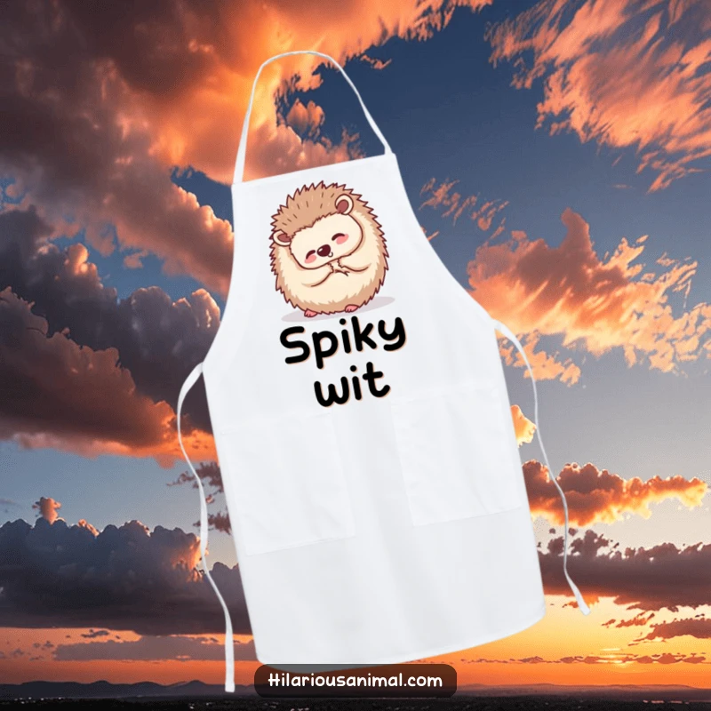 Funny small hedgehog curled into a ball, shaking with silent laughter, printed on a kitchen apron, ready for charming culinary fun.