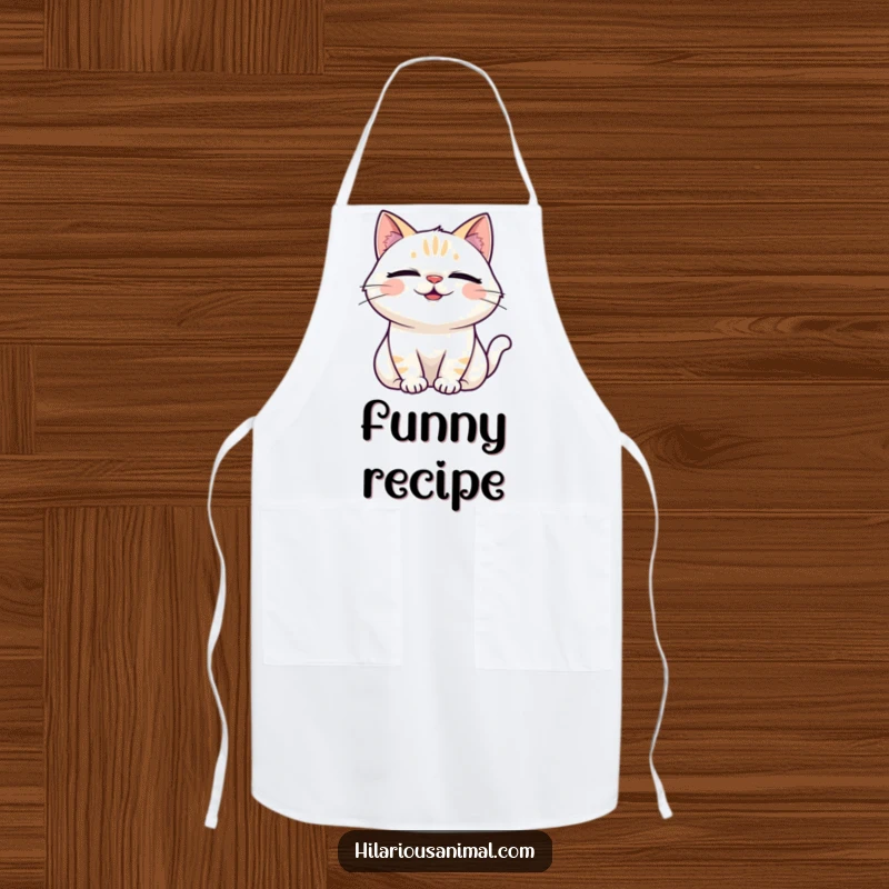 Funny Laughing Cat Apron showing a cat with eyes closed, head back, laughing heartily while in the kitchen.