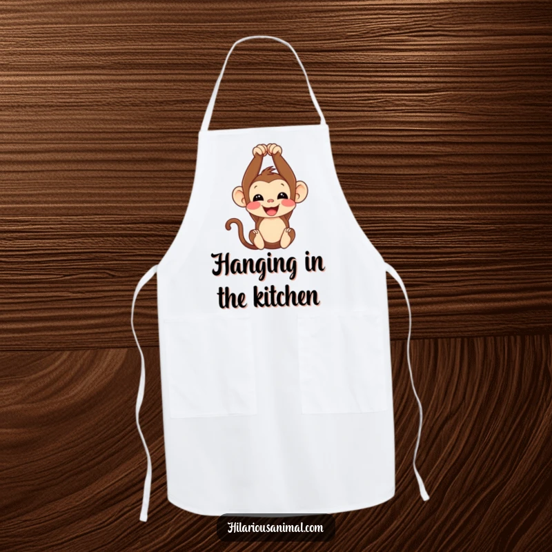Funny monkey cub apron, cheerfully hanging upside down while cooking, bringing humor to the kitchen.