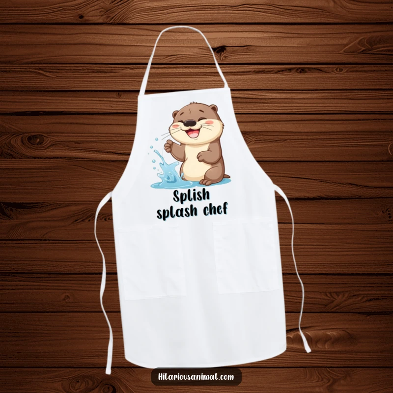 Funny Otter Cub Apron: A cheerful otter cub spraying water with a wide grin, perfect for kitchen fun.