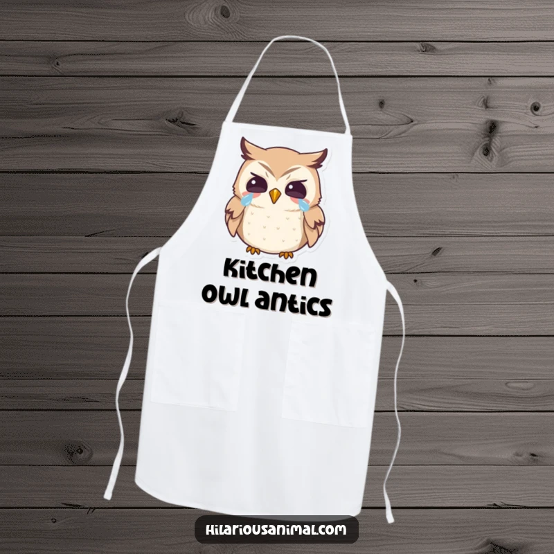 Funny owl apron, kitchen wear with a tiny bird laughing heartily with tears, making cooking humorous.