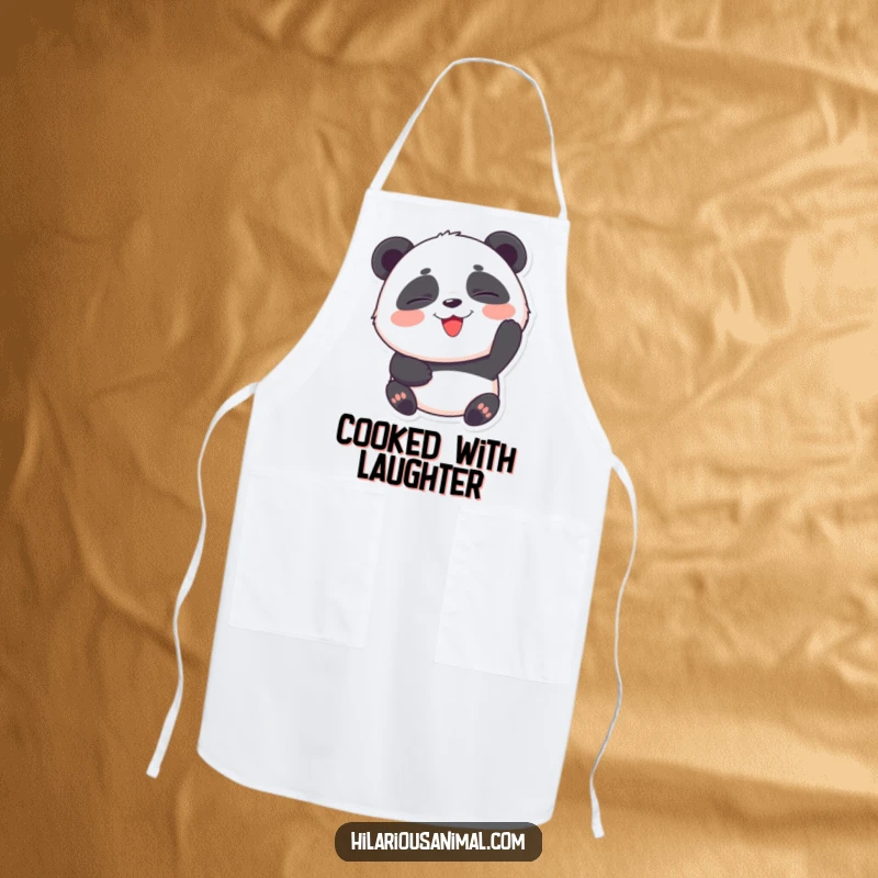Funny Panda Cub Apron: A round panda cub with eyes squeezed shut, laughing heartily, perfect for kitchen fun.