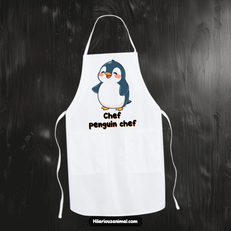 Funny penguin apron, kitchen wear with a cute plump bird belly shaking from laughter, making cooking humorous.