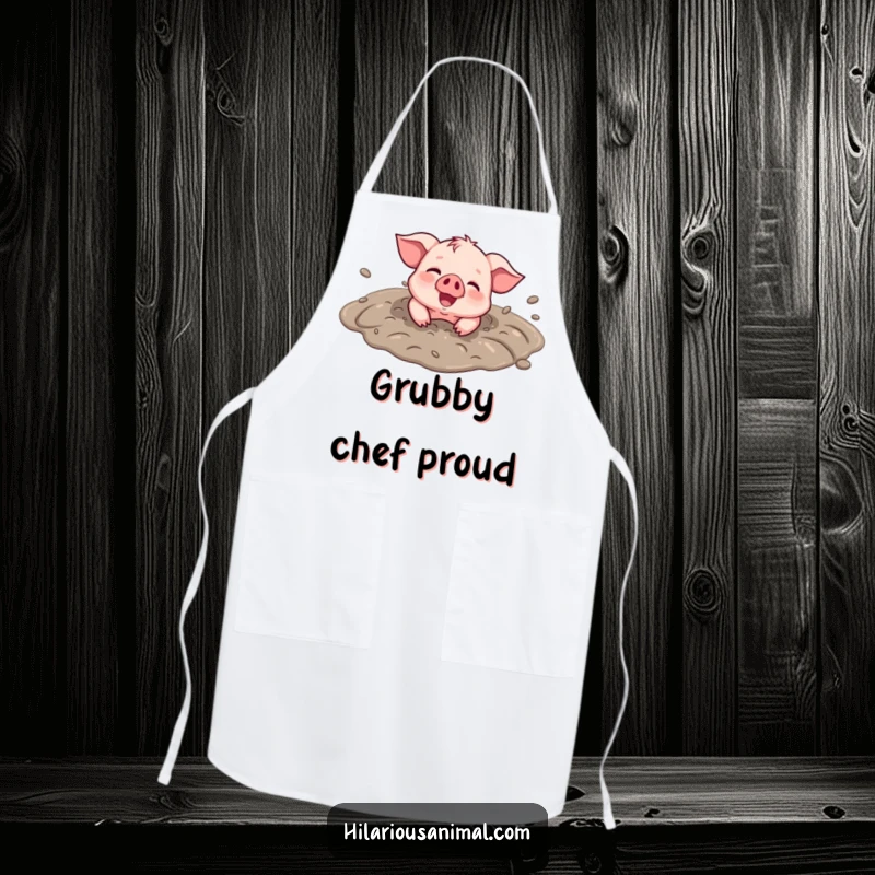 Funny Piglet Mud Puddle Apron - A humorous kitchen apron with a smiling piglet rolling in a mud puddle, covered in joy and dirt.