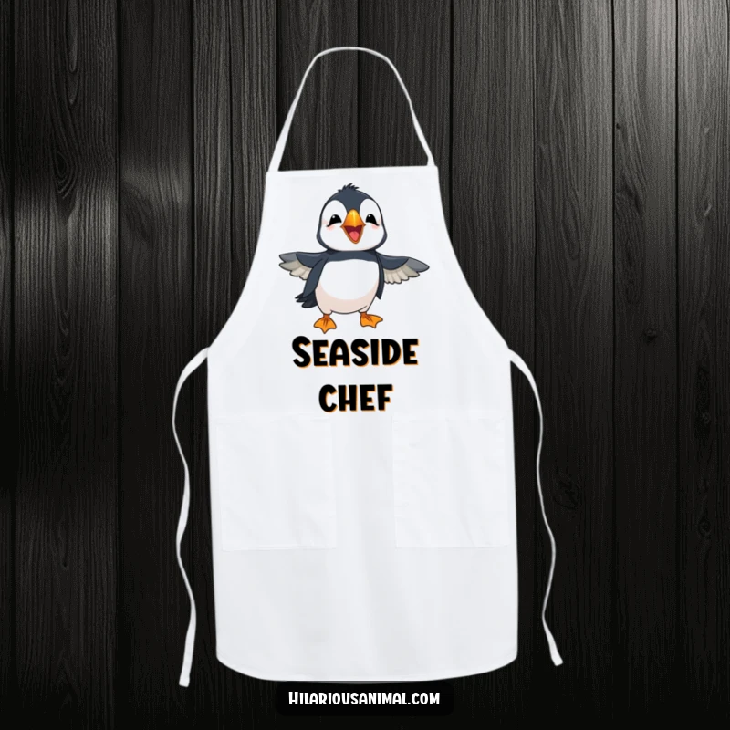 Funny cheerful puffin with wings flapping in amusement, laughing loudly, printed on a kitchen apron, ready for messy fun and smiles.