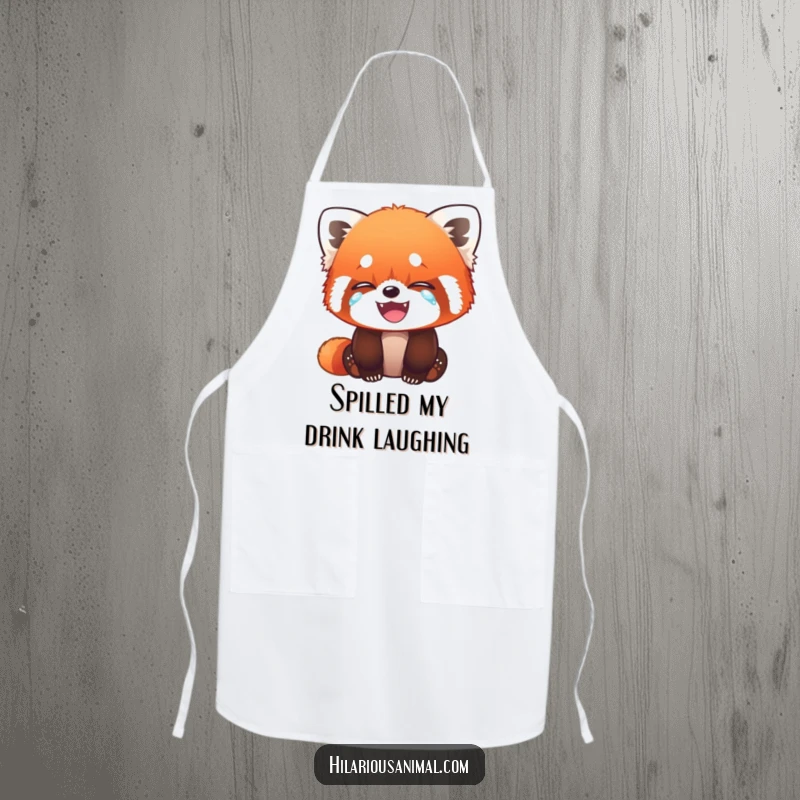 Funny Red Panda Cub Apron - A humorous kitchen apron with a red panda cub wiping tears of laughter, perfect for fun cooking sessions.