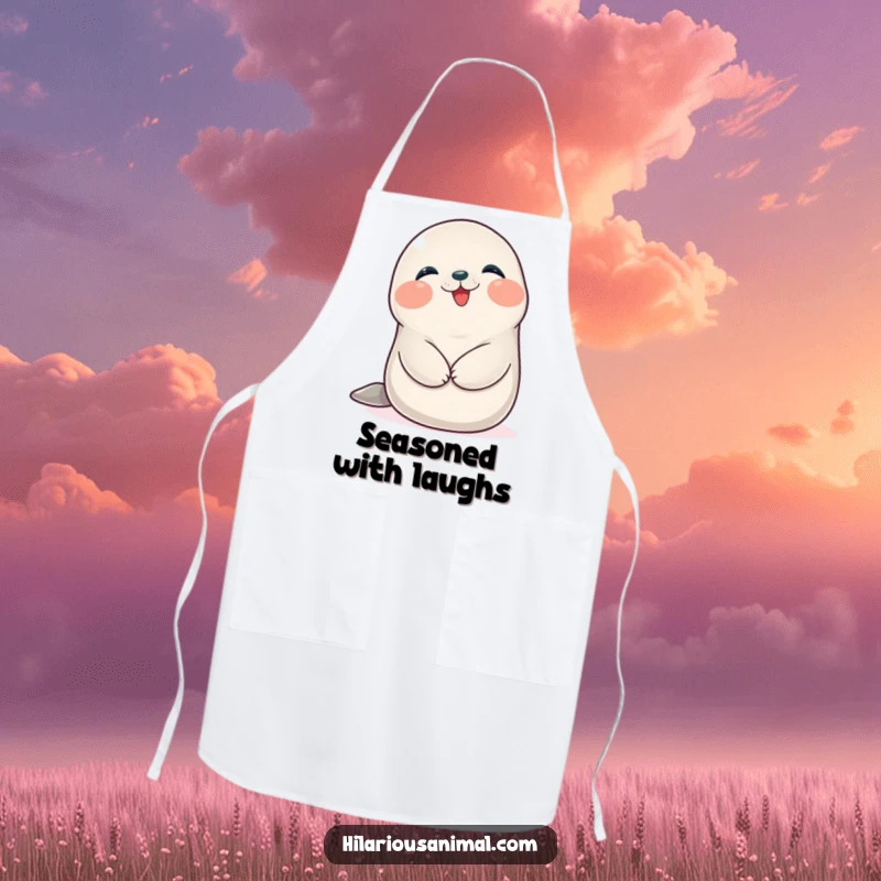 Funny Seal Cub Apron: A happy, plump seal cub giggling while holding its belly, perfect for kitchen fun.