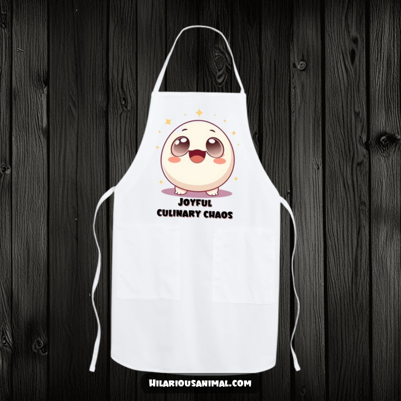 Funny round creature with big eyes laughing hysterically amid sparkles, on a kitchen apron, a fun and funny gift.