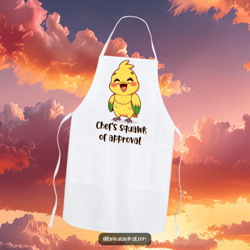 Funny apron featuring a brightly colored parrot with a huge grin, mid-squawk, while cooking.