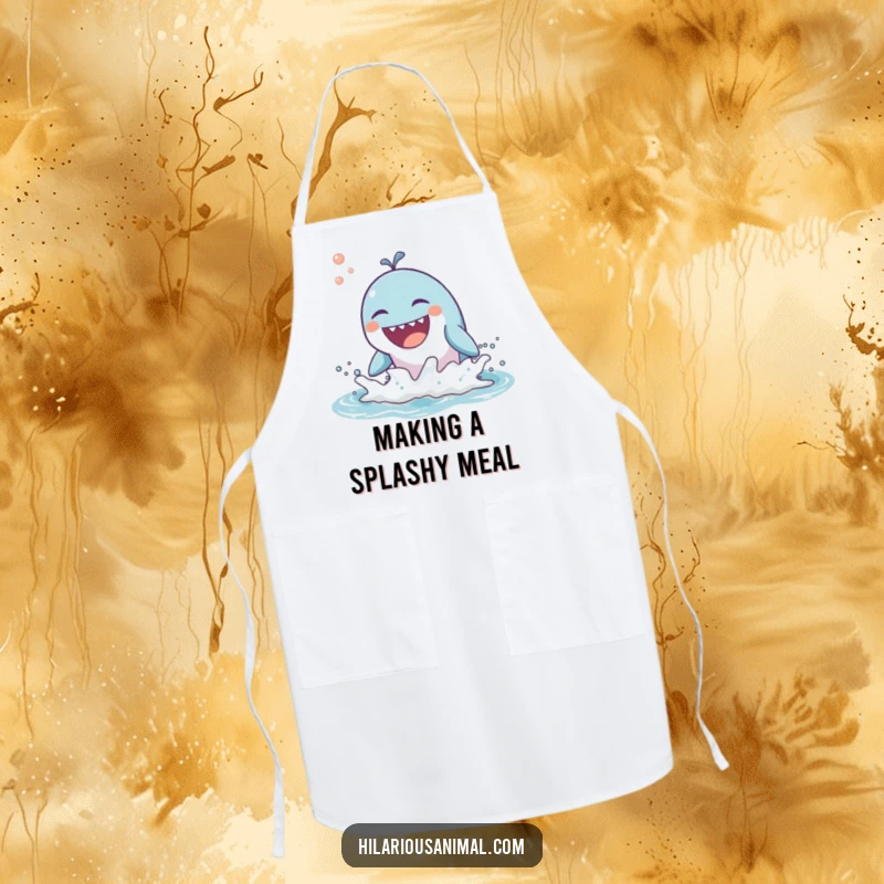 Funny cooking apron decorated with a whale breaching the water and laughing, designed for kitchen fun.