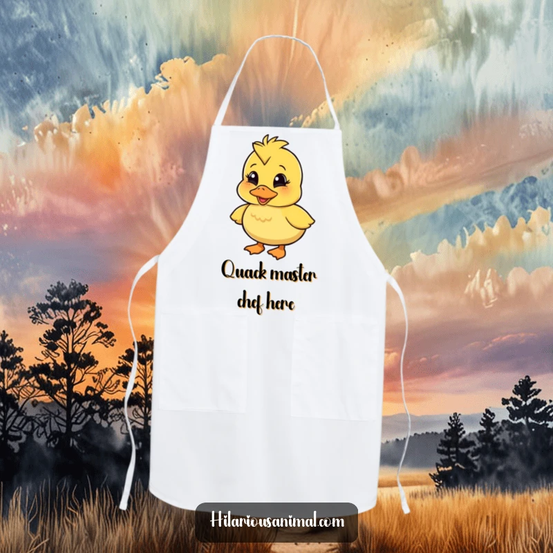 Funny wobbly duckling apron, a character quacking with amusement, protecting your clothes with a humorous and charming design for kitchen fun.