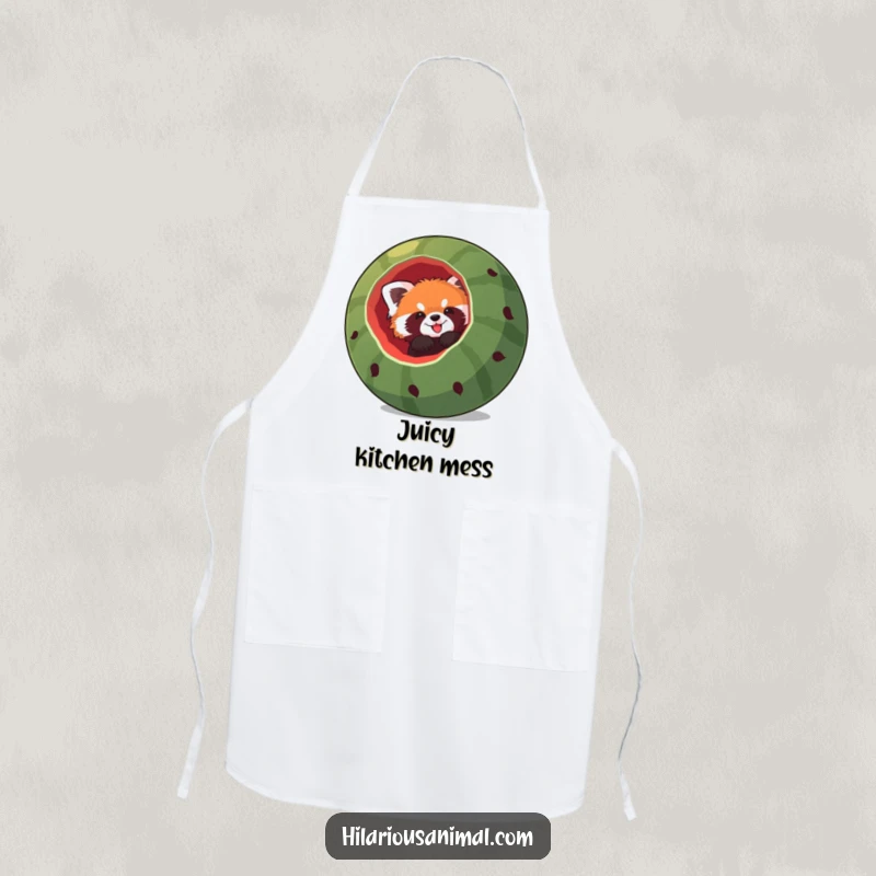 Funny red panda apron, a red panda comically stuck headfirst in a giant hollowed-out watermelon, ready for kitchen adventures and fruity delights.