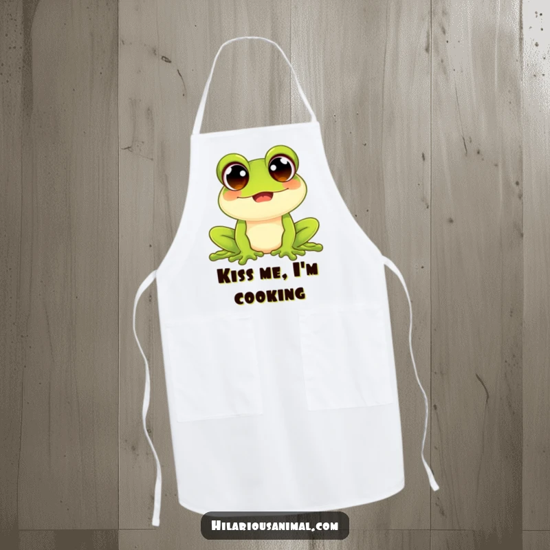 Funny happy frog apron with wide beaming eyes, designed for chefs and home cooks, features a croaking amphibian, great for kitchen humor.