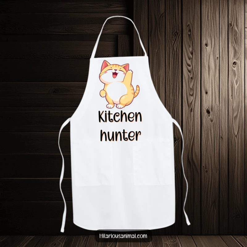 Funny happy cat apron featuring a feline arching its back and chattering with delight, ready to add some fun to meal prep.
