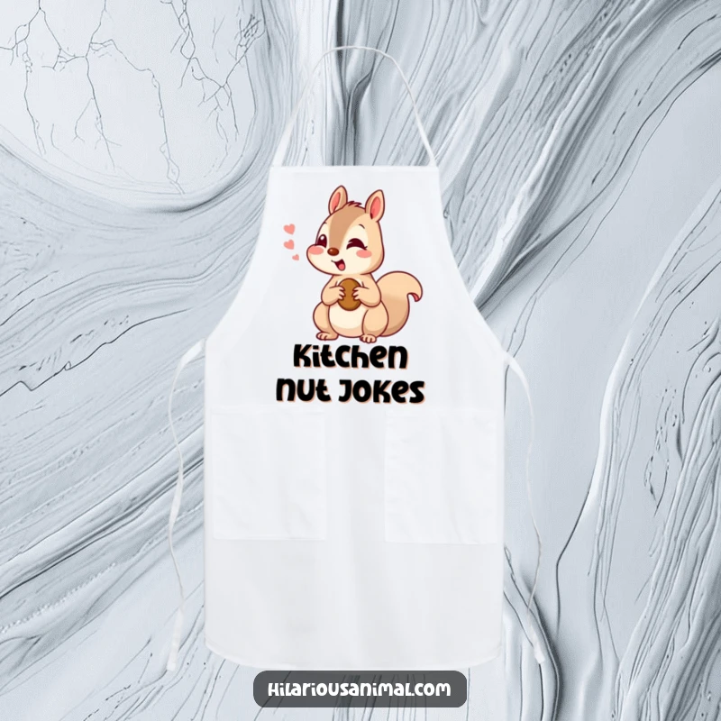 Funny squirrel apron showing a curious squirrel chattering with amusement, holding a nut, adding whimsy to cooking.
