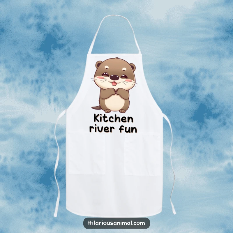 Funny otter apron, kitchen wear with a beaming round cub clutching sides with suppressed giggles, making cooking humorous.