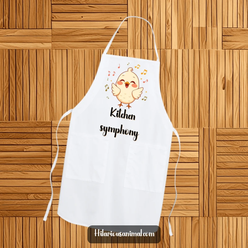 Funny cheerful bird apron with a bird chirping with laughter surrounded by musical notes, a musical and amusing kitchen essential