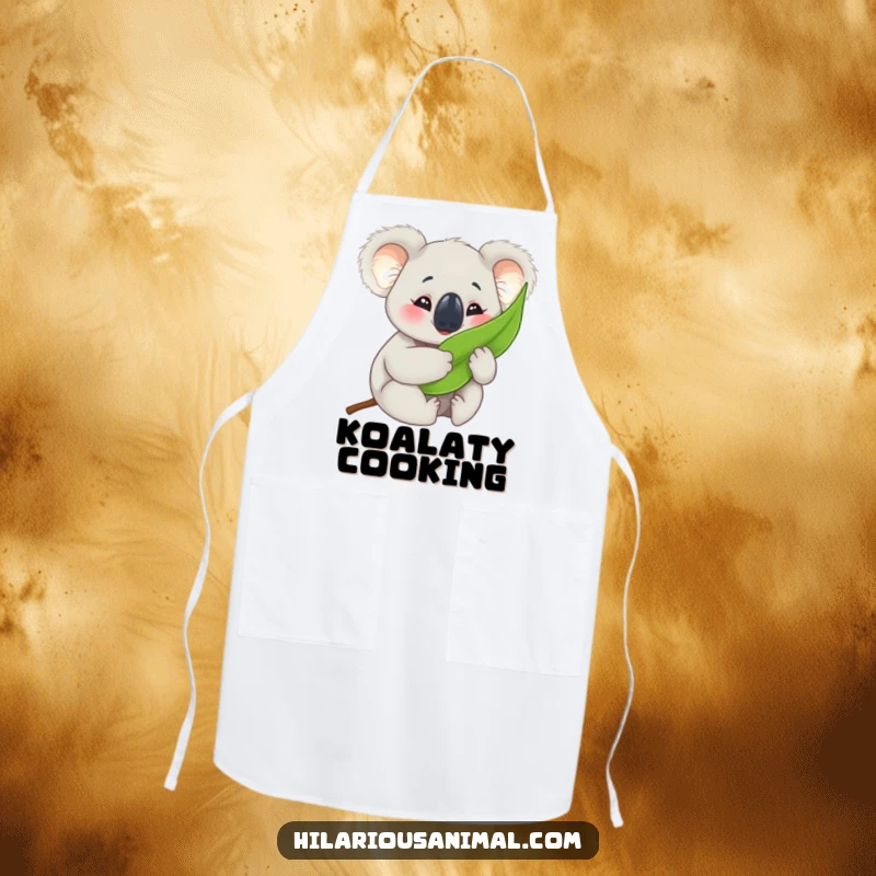 Funny koala cub apron, happily hugging a eucalyptus leaf while cooking, bringing cute humor to the kitchen.