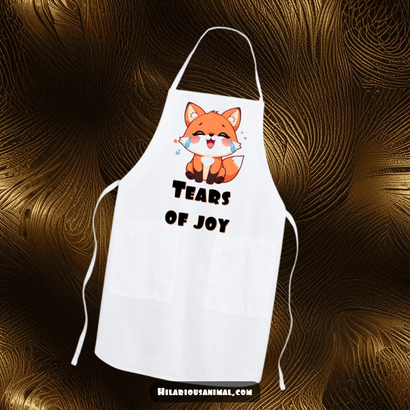 Funny red fox apron featuring streams of joyful tears, ideal for humorous kitchen activities and emotional gifting.