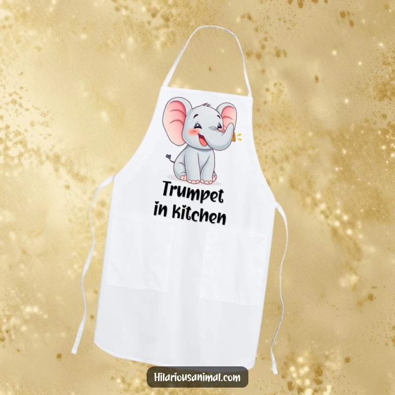 Funny elephant cub trumpeting joyfully while wearing a chef's hat, kitchen apron, symbolizing fun in cooking and delightful meals.