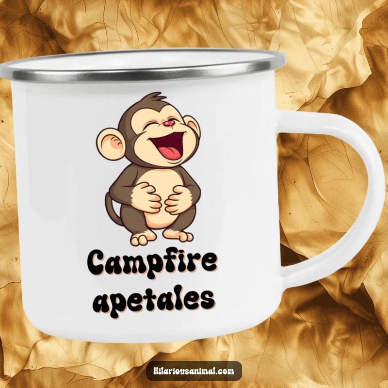 Funny monkey camping mug featuring a silly character holding its belly, roaring with laughter, built tough for adventures and spreading primate hilarity.