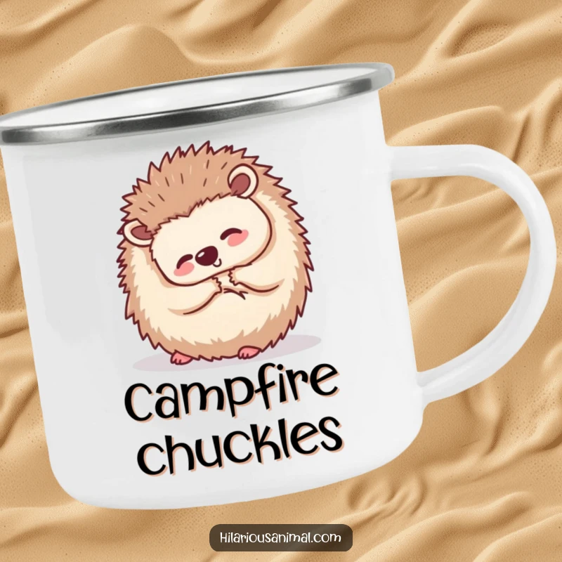 Funny small hedgehog curled into a ball, shaking with silent laughter, on a sturdy camping mug, ready for outdoor charm.