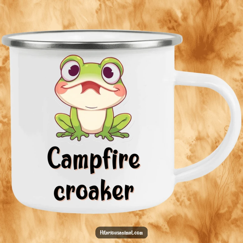 Funny amused frog camping mug with a frog with wide eyes caught in a fit of mirth, durable and humorous for outdoors