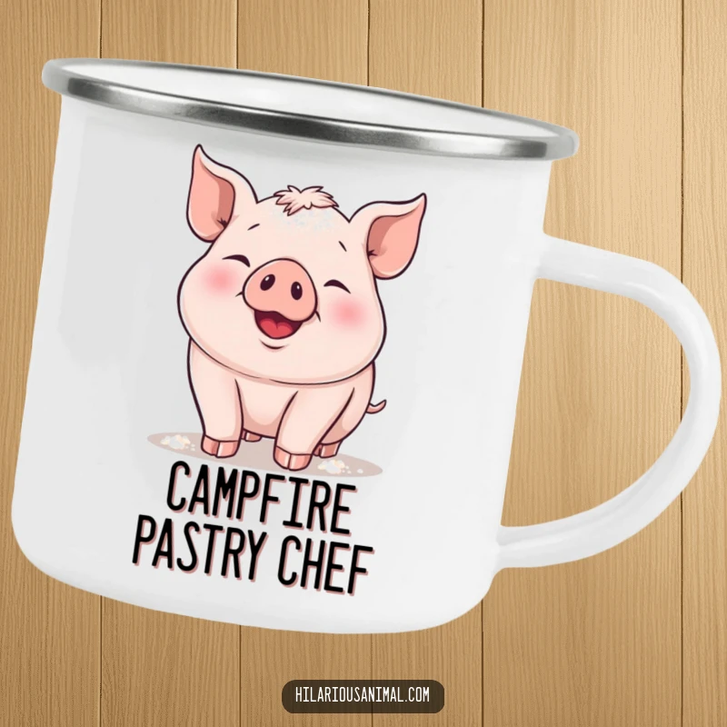 Funny piglet camping mug, a plump piglet snorting with delight, dusted with flour, ideal for outdoor brews and baking inspiration.