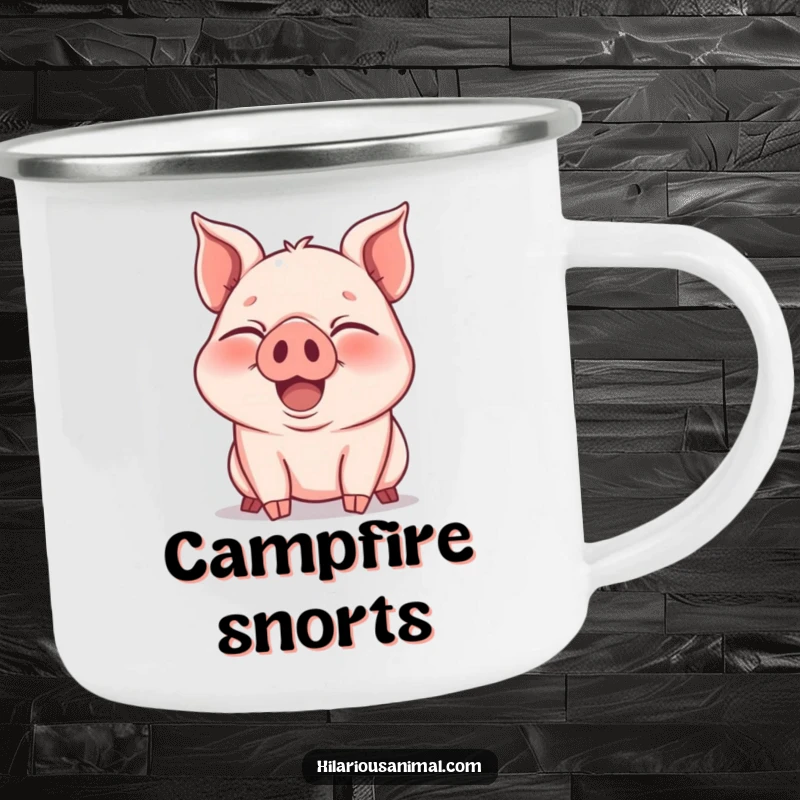 Funny Camping Mug: A joyous piglet snorting with laughter, eyes squeezed shut, perfect for outdoor drinks with farmyard fun.