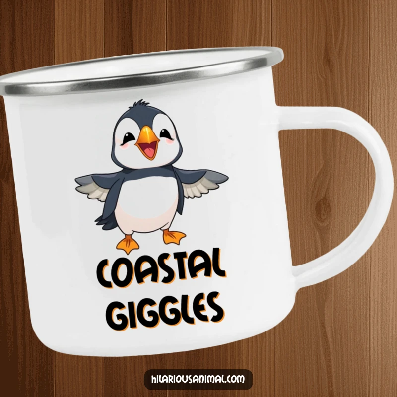Funny cheerful puffin with wings flapping in amusement, laughing loudly, on a sturdy camping mug, ready for outdoor adventures.
