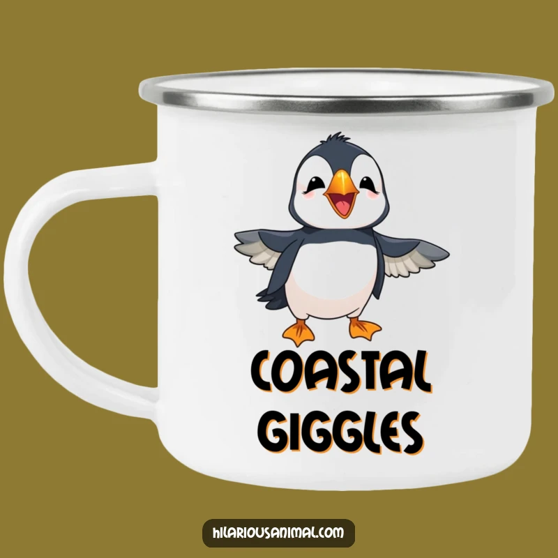 Durable Funny Puffin Camping Mug: Cheerful Laughing Bird, Flapping Wings, Outdoor Gift