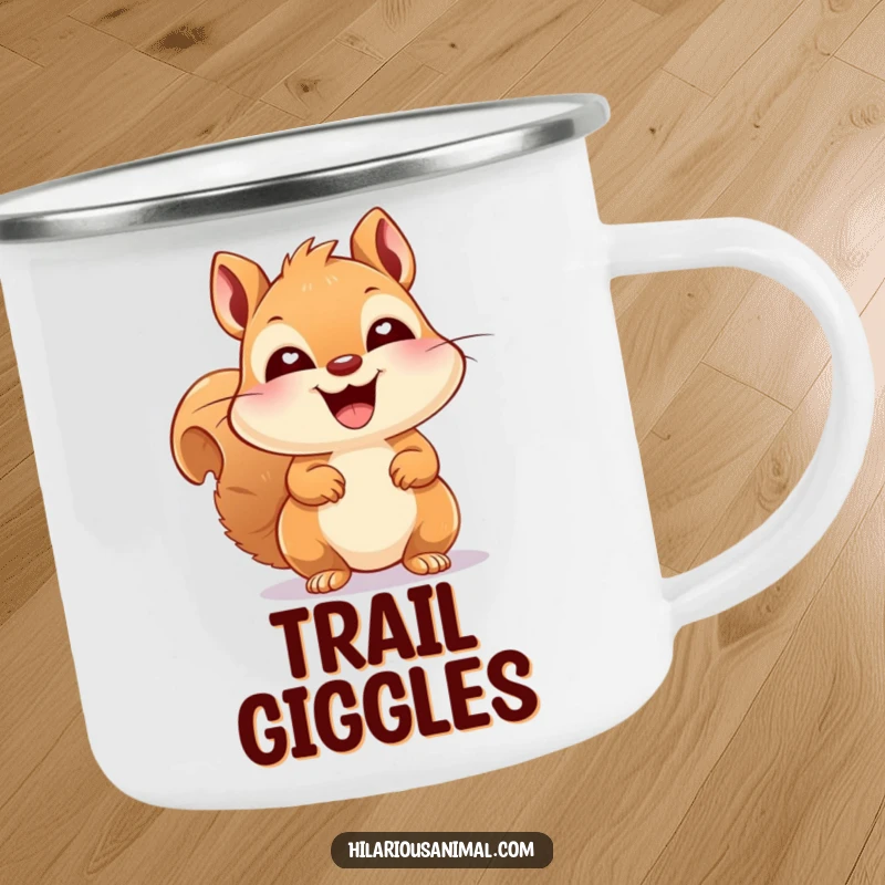 Funny happy squirrel with bright eyes, laughing heartily, on a sturdy camping mug, ready for adventures and cheerful moments.